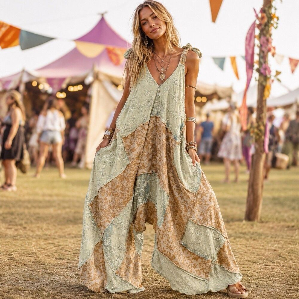 A Rare Bird Patchwork Jumpsuit Tie Shoulder Boho Fairycore Festival Sage Tan O/S